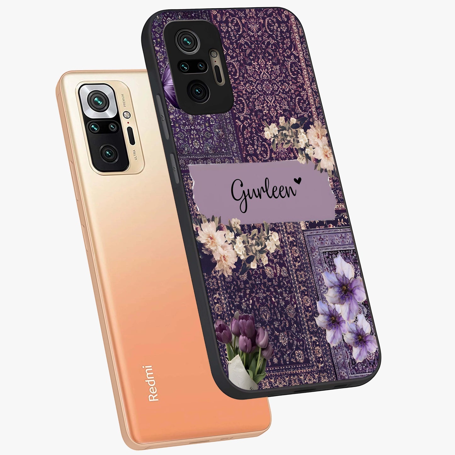Antique Floral Whisper Custom Name Glass Case displayed in angled mockup highlighting elegant antique floral aesthetic.
