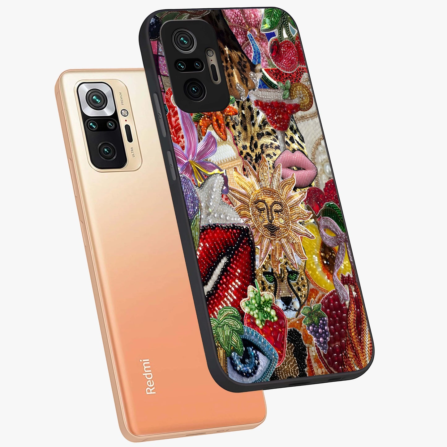 Beaded Fashion Jungle Glass Case displayed in angled mockup highlighting colorful fashion bead design and artistic pattern.