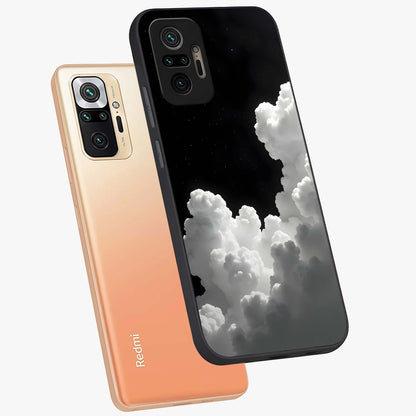 Black Background With White Cloud Glass Case displayed in angled mockup highlighting soft white cloud illustration and minimal design.