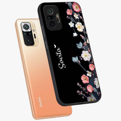 Black Elegance Floral Custom Name Glass Case displayed in angled mockup highlighting dark floral aesthetic and custom name feature.