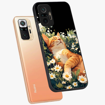 Blissful Bloom Cat Glass Case displayed in angled mockup highlighting playful feline illustration with soft floral aesthetic.