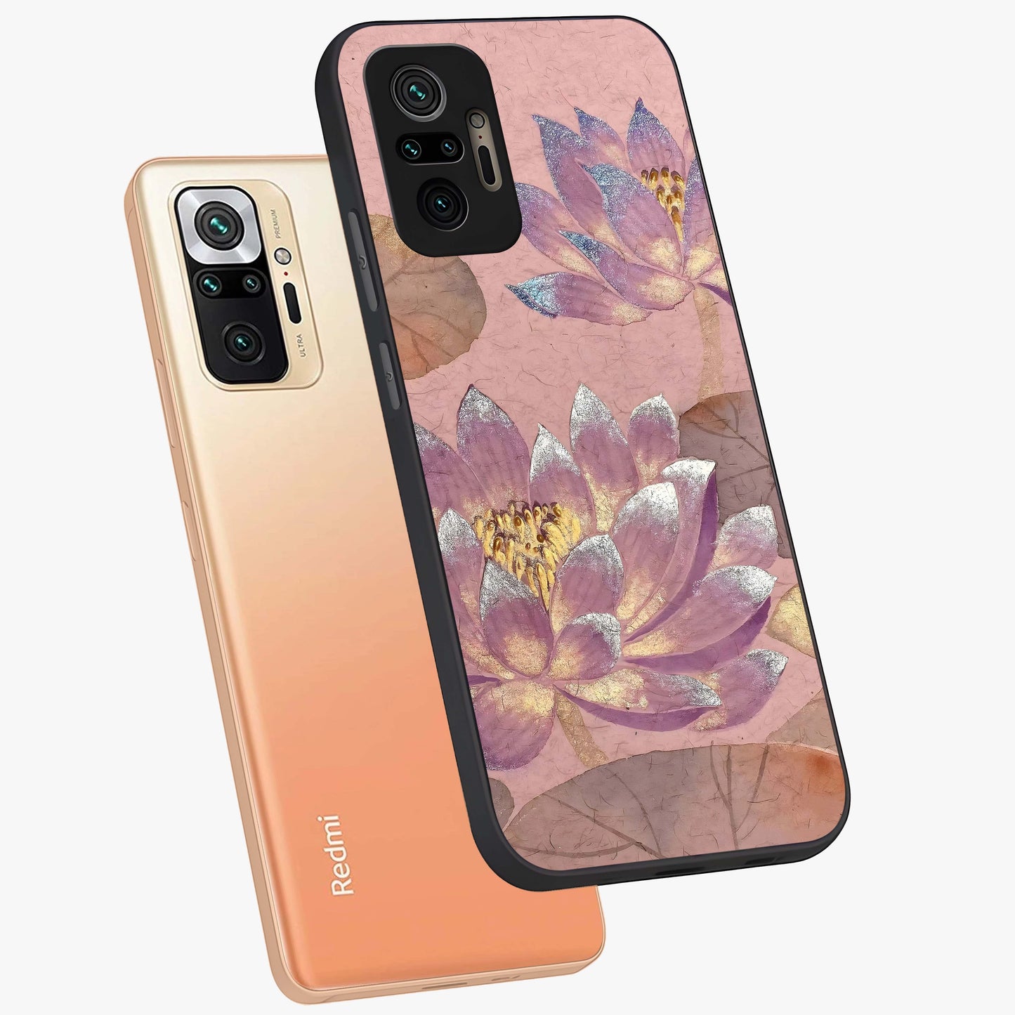 Blossom Mist Lotus Glass Case displayed in angled mockup highlighting delicate lotus illustration with calm aesthetic theme.