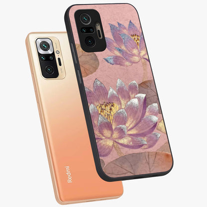 Blossom Mist Lotus Glass Case displayed in angled mockup highlighting delicate lotus illustration with calm aesthetic theme.