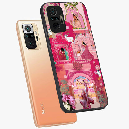 Blossoms of Rajasthan Glass Case displayed in angled mockup highlighting vibrant floral pattern with cultural aesthetic style.