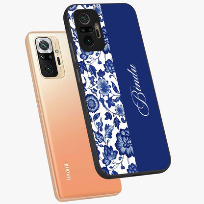 Blue Vintage Floral Pattern Glass Case displayed in angled mockup highlighting subtle bloom pattern with aesthetic pastel design.