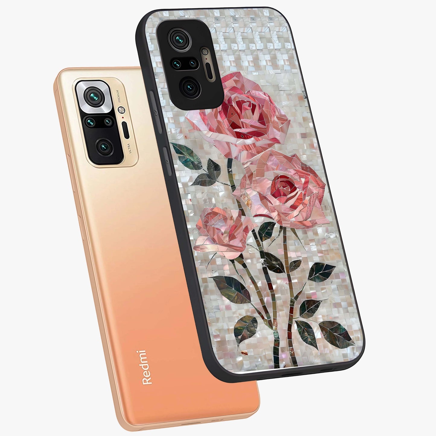 Blush Mosaic Bloom Glass Case displayed in angled mockup highlighting artistic mosaic flower pattern with aesthetic design.