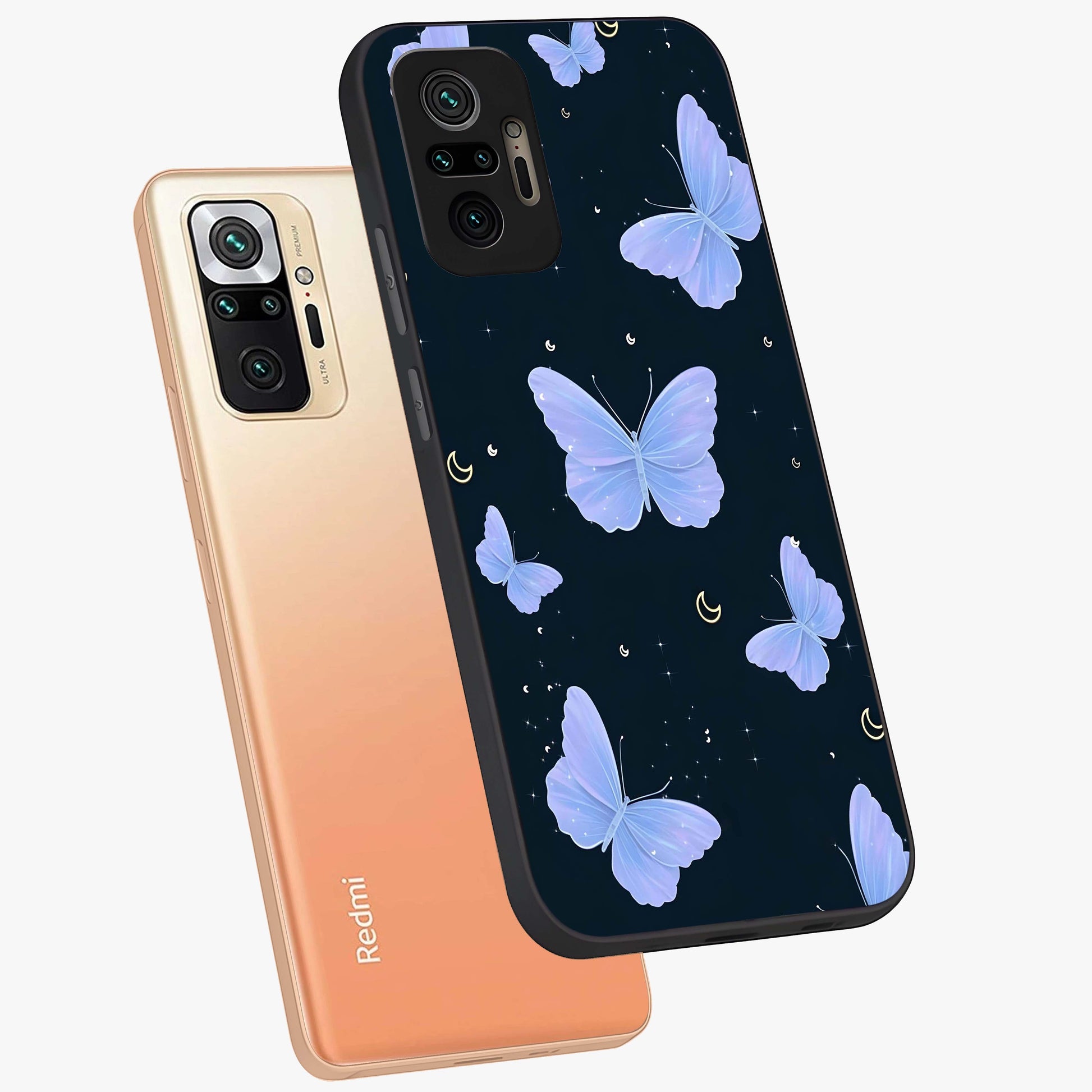 Butterfly With Stars Pattern Glass Case displayed in angled mockup highlighting dreamy butterfly and star design with aesthetic theme.