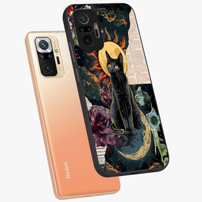 Celestial Black Cat Glass Case displayed in angled mockup highlighting cosmic black cat design with celestial aesthetic.