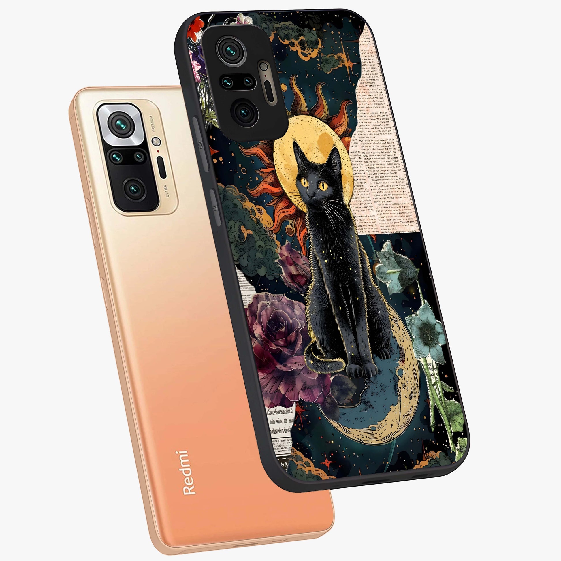 Celestial Black Cat Glass Case displayed in angled mockup highlighting cosmic black cat design with celestial aesthetic.
