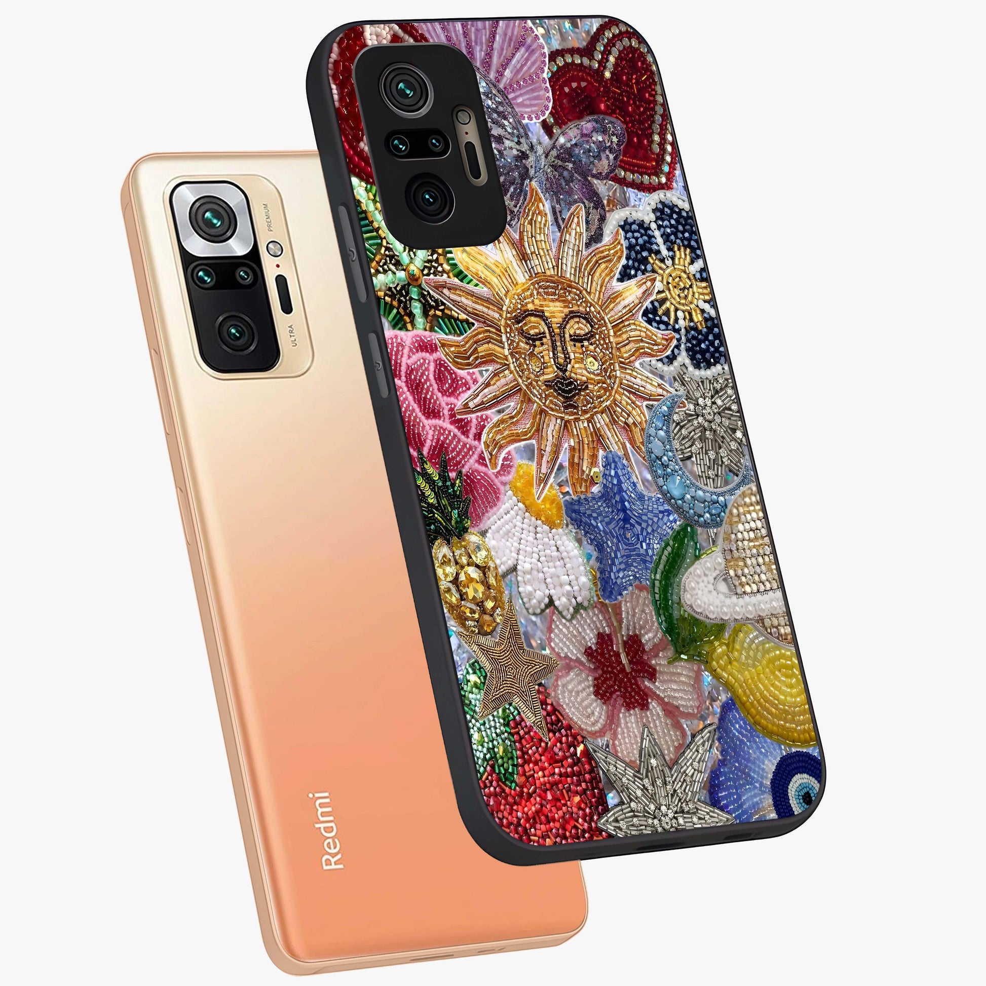 Celestial Floral and Playful Glass Case displayed in angled mockup highlighting playful floral design with dreamy celestial elements.