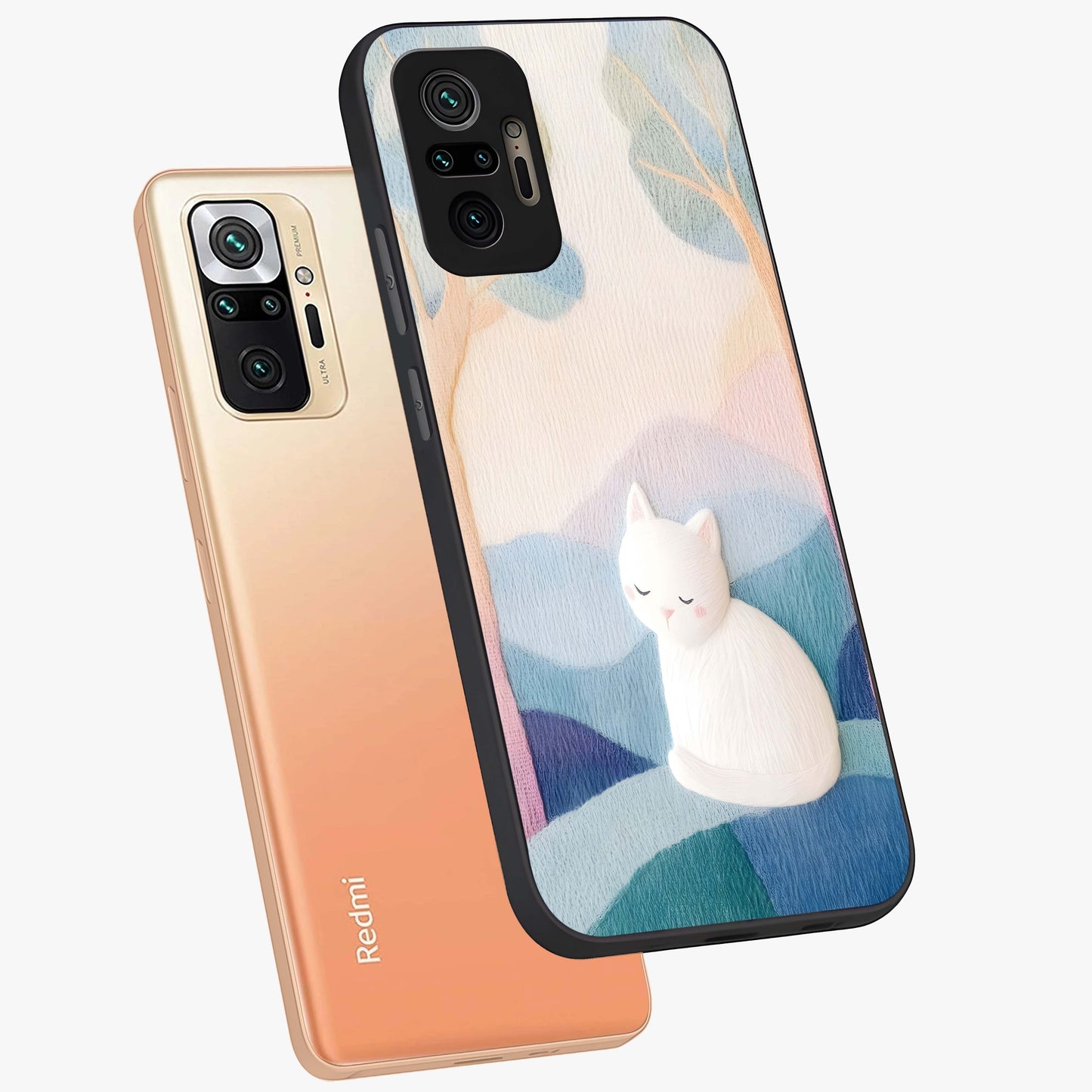 Cotton Dream Cat Glass Case displayed in angled mockup highlighting cute feline illustration with pastel aesthetic style.