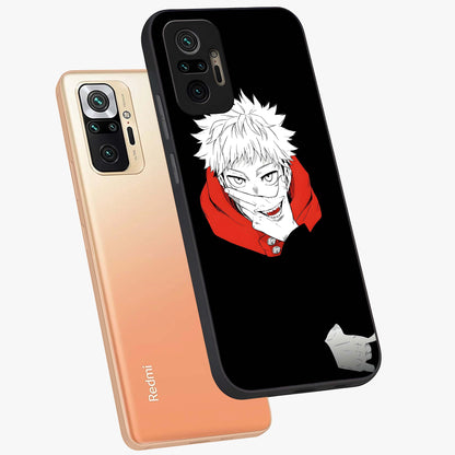 Crimson Chaos Smile Glass Case displayed in angled mockup highlighting edgy crimson smile design with graphic aesthetic.