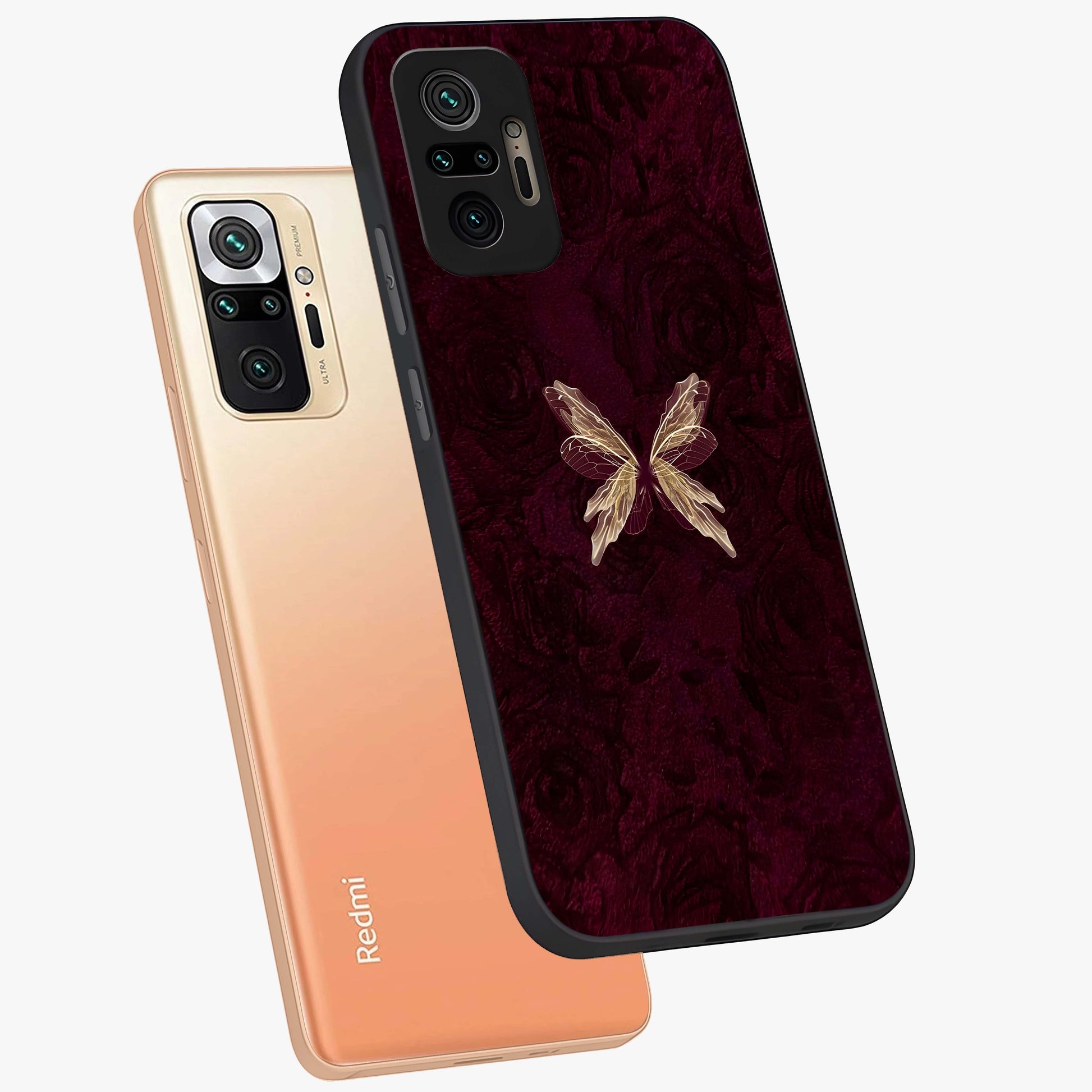 Crimson Fade Butterfly Glass Case displayed in angled mockup highlighting elegant butterfly design with crimson gradient aesthetic.