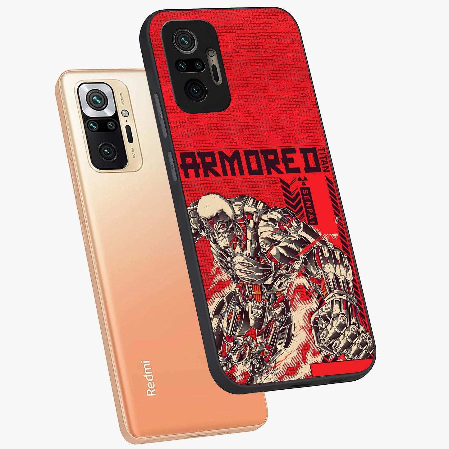 Crimson Mecha Titan Glass Case displayed in angled mockup highlighting futuristic mech illustration with bold crimson aesthetic.