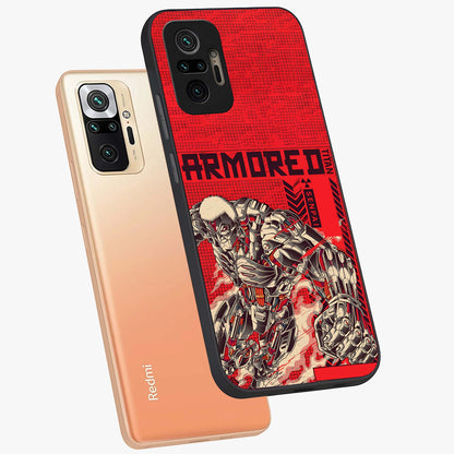 Crimson Mecha Titan Glass Case displayed in angled mockup highlighting futuristic mech illustration with bold crimson aesthetic.