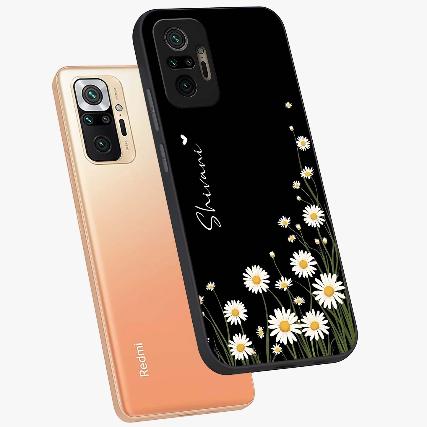Daisy Cascade Custom Name Glass Case displayed in angled mockup highlighting delicate daisy artwork with custom name feature.