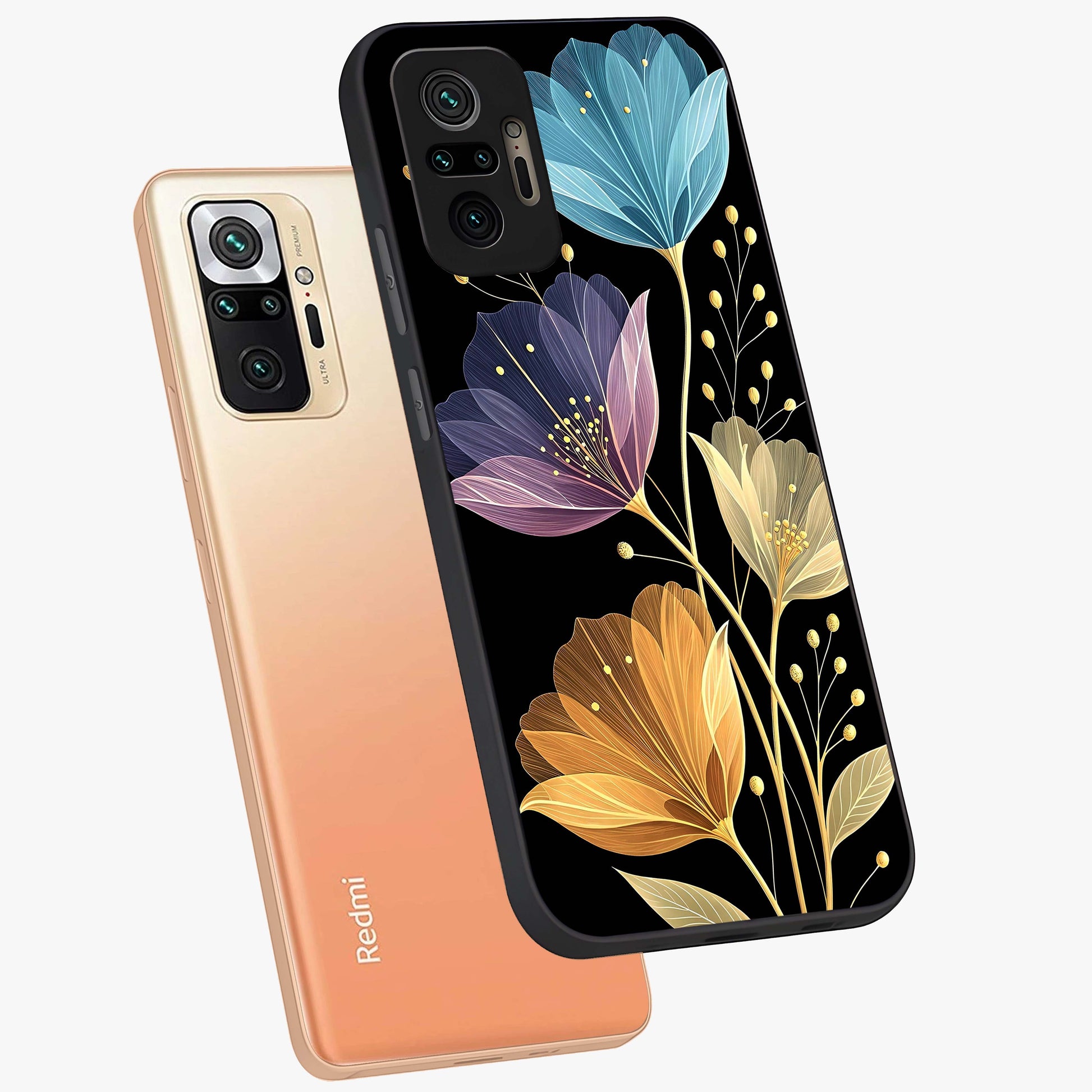 Delicate Multicolor Flowers Glass Case displayed in angled mockup highlighting colorful flower pattern with soft aesthetic style.