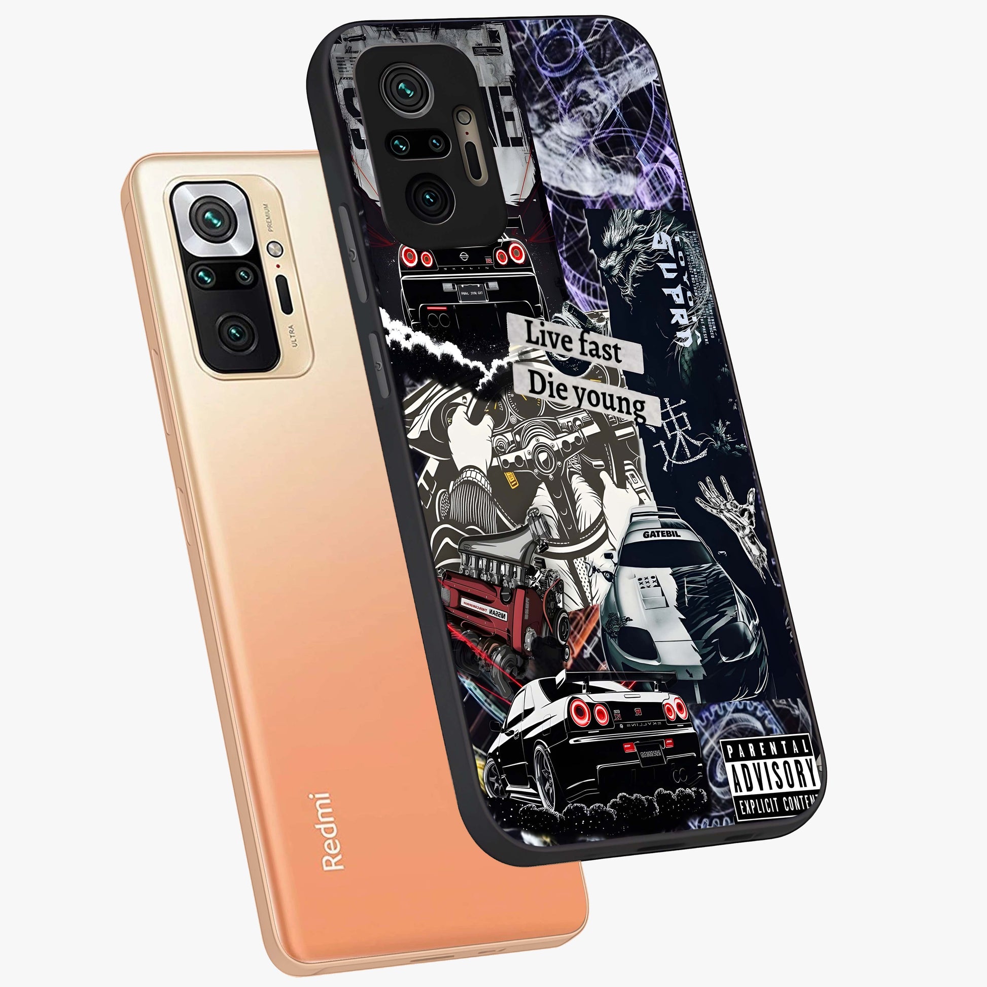 Die Young Glass Case displayed in angled mockup highlighting expressive graphic artwork with edgy aesthetic style.