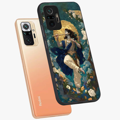 Divine Krishna Art Glass Case displayed in angled mockup highlighting spiritual Krishna illustration with devotional aesthetic.