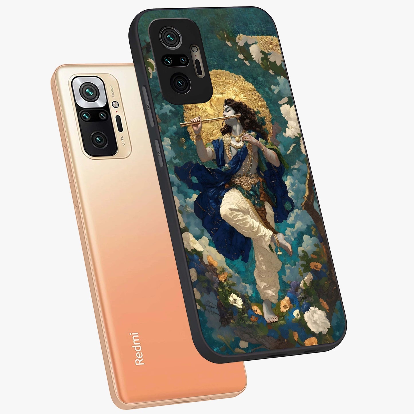 Divine Krishna Art Glass Case displayed in angled mockup highlighting spiritual Krishna illustration with devotional aesthetic.