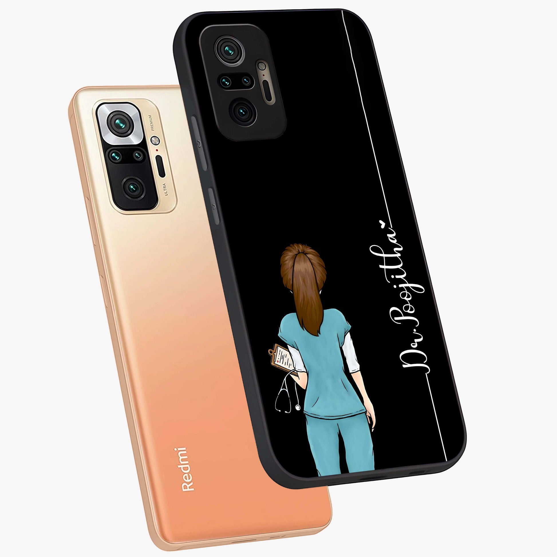 Doctor Pattern Custom Name Glass Case displayed in angled mockup highlighting doctor inspired artwork with custom name feature.
