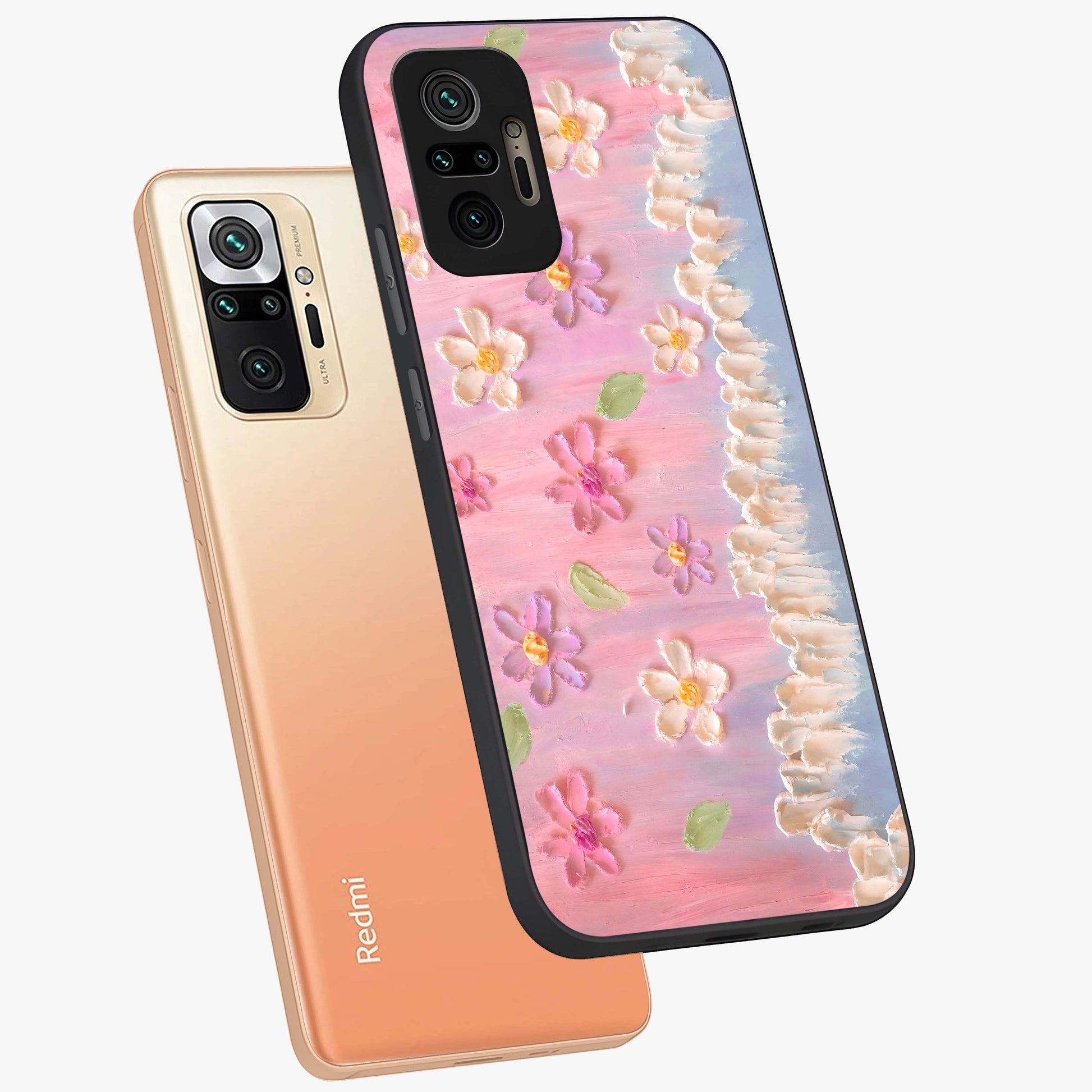Dreamy Painted Garden Glass Case displayed in angled mockup highlighting colorful garden illustration with dreamy aesthetic style.