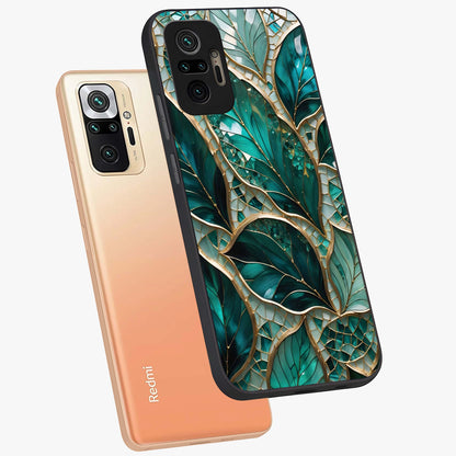 Emerald Leaf Glass Glass Case displayed in angled mockup highlighting botanical leaf illustration with elegant natural aesthetic.