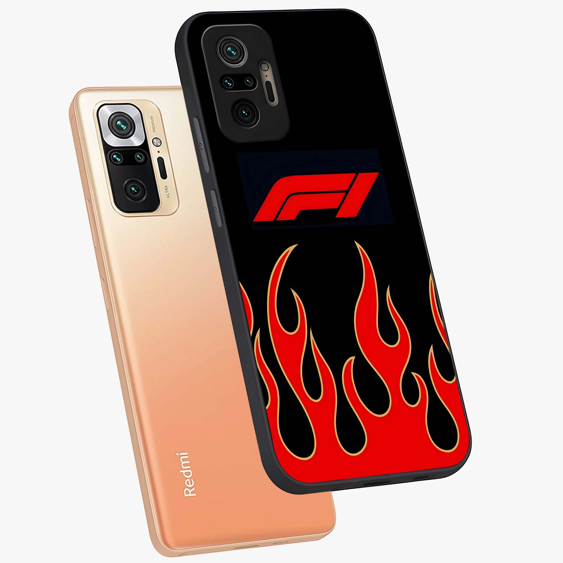 Fire F11 Glass Case displayed in angled mockup highlighting bold fire inspired graphic with energetic aesthetic style.