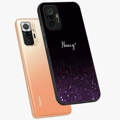 Glittery Purple Bokeh Custom Name Glass Case displayed in angled mockup highlighting glitter bokeh pattern with custom name feature.