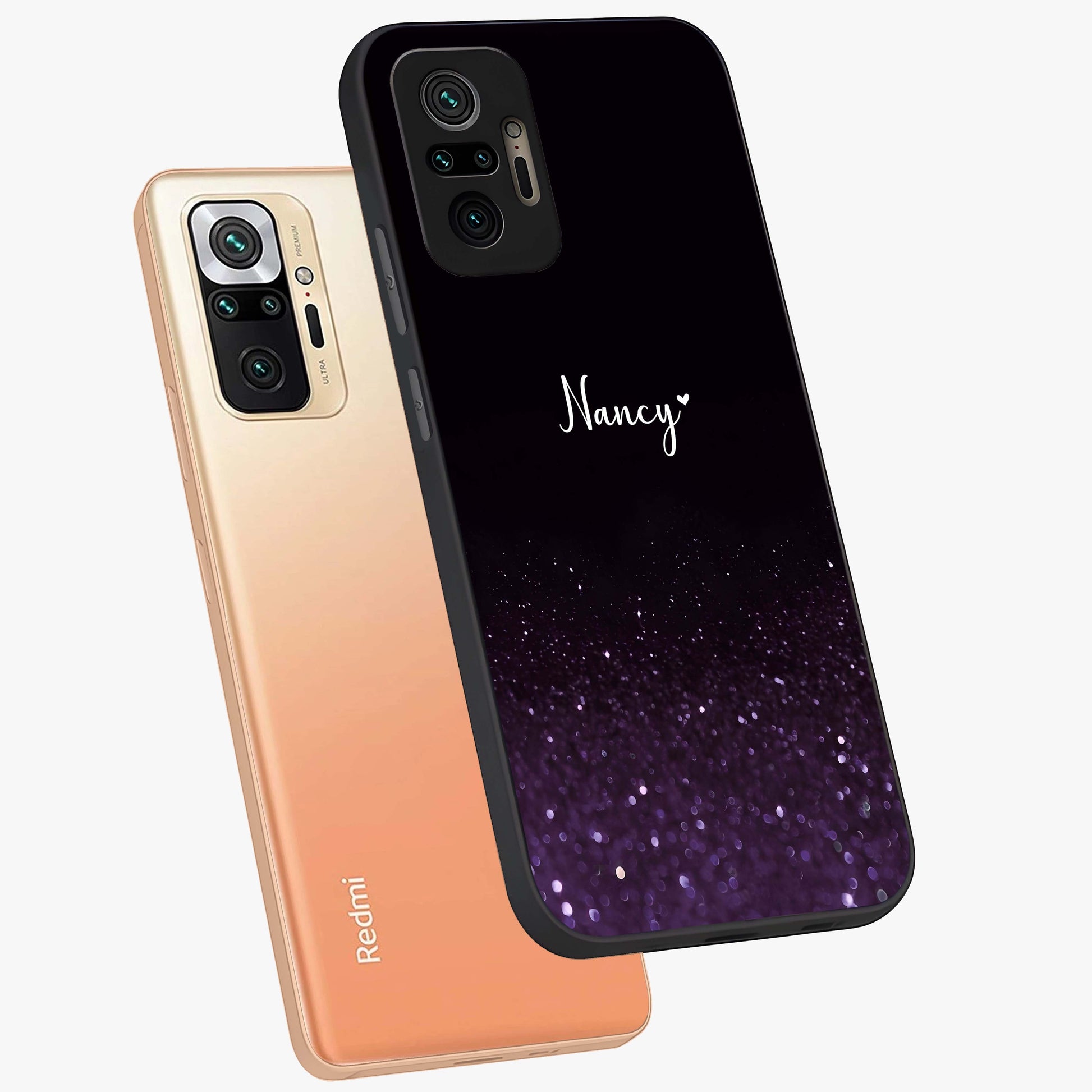 Glittery Purple Bokeh Custom Name Glass Case displayed in angled mockup highlighting glitter bokeh pattern with custom name feature.
