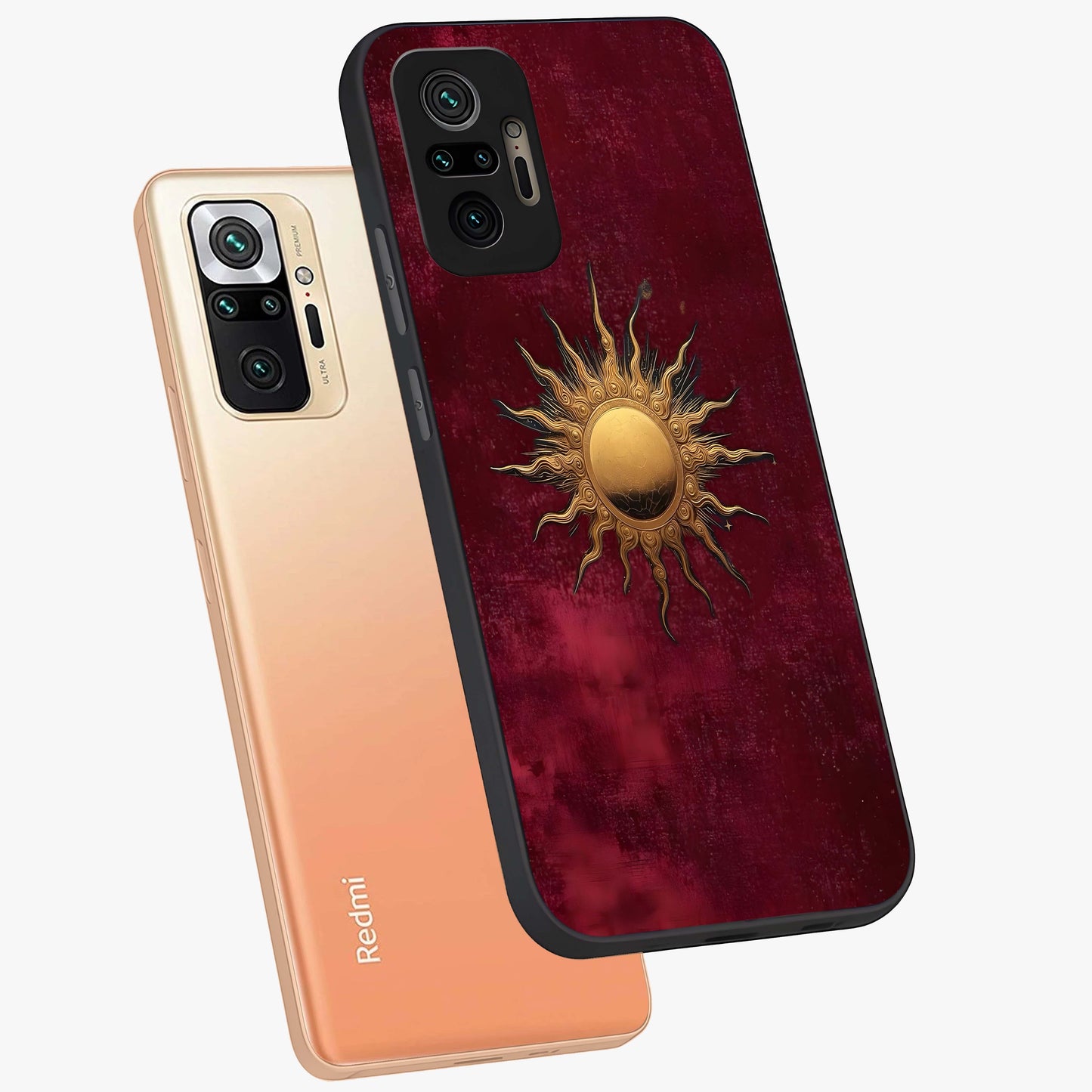Golden Sun Minimalism Glass Case displayed in angled mockup highlighting clean sun symbol design with modern minimal aesthetic.