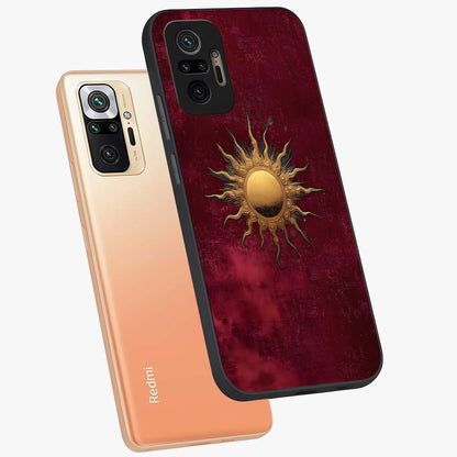 Golden Sun Minimalism Glass Case displayed in angled mockup highlighting clean sun symbol design with modern minimal aesthetic.
