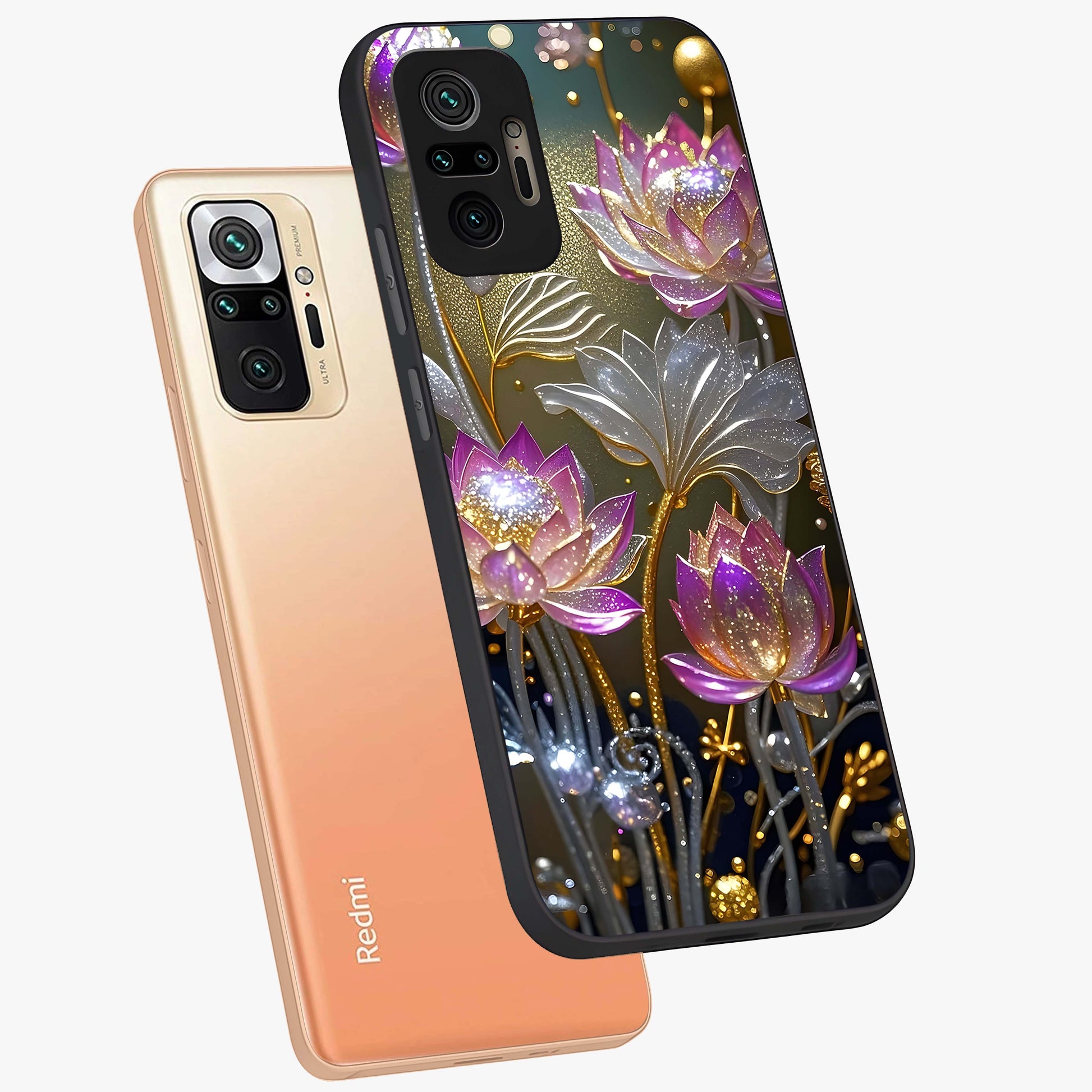 Golden Floral Majesty Glass Case displayed in angled mockup highlighting elegant flower design with royal golden aesthetic.