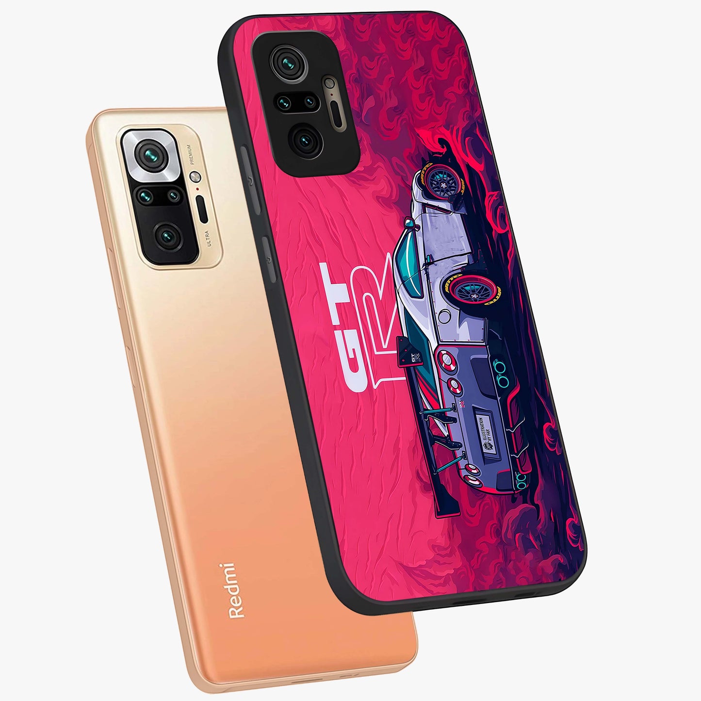 GT-R Car Pattern Glass Case displayed in angled mockup highlighting racing car graphic design with bold automotive aesthetic.