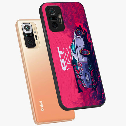 GT-R Car Pattern Glass Case displayed in angled mockup highlighting racing car graphic design with bold automotive aesthetic.