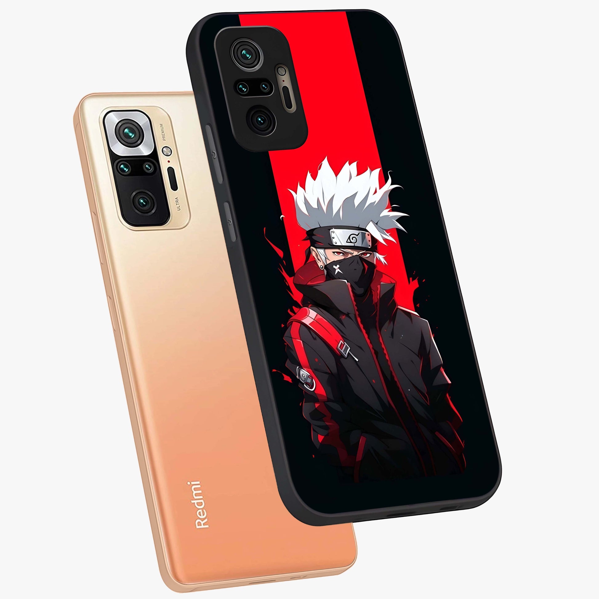 Kakashi Scarlet Shadow Glass Case displayed in angled mockup highlighting dramatic ninja illustration with scarlet themed aesthetic.