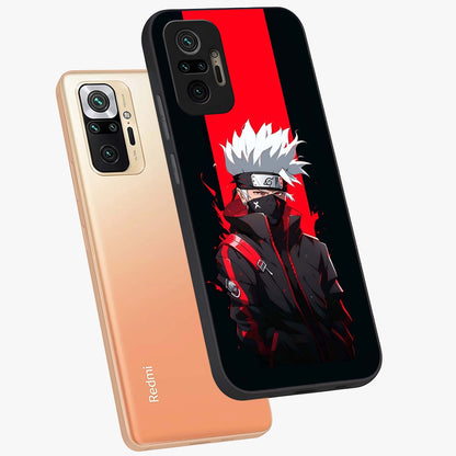 Kakashi Scarlet Shadow Glass Case displayed in angled mockup highlighting dramatic ninja illustration with scarlet themed aesthetic.