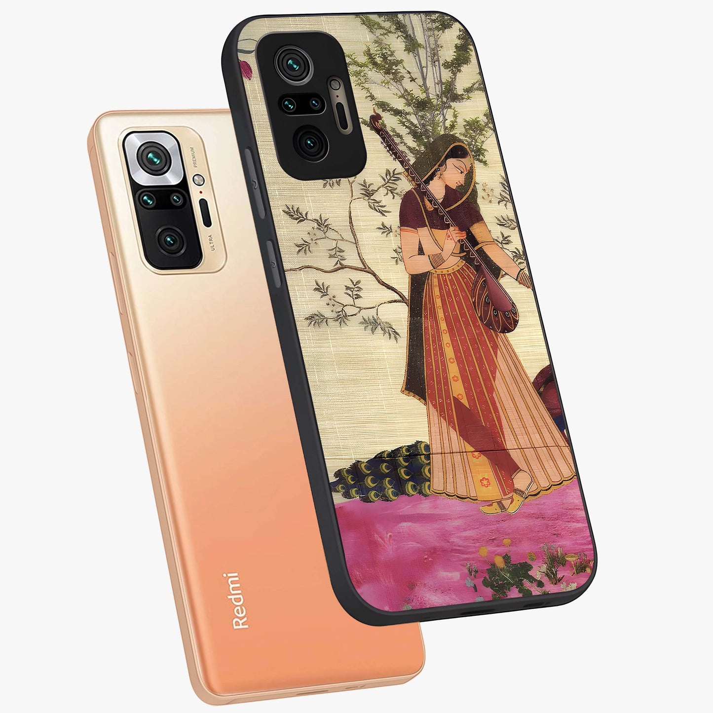 Lady With Veena Art Glass Case displayed in angled mockup highlighting graceful musical illustration with cultural artistic aesthetic.