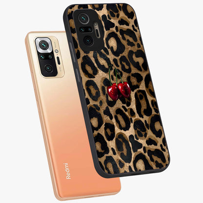 Leopard Wild Cherry Glass Case displayed in angled mockup highlighting bold animal print design with playful cherry aesthetic.