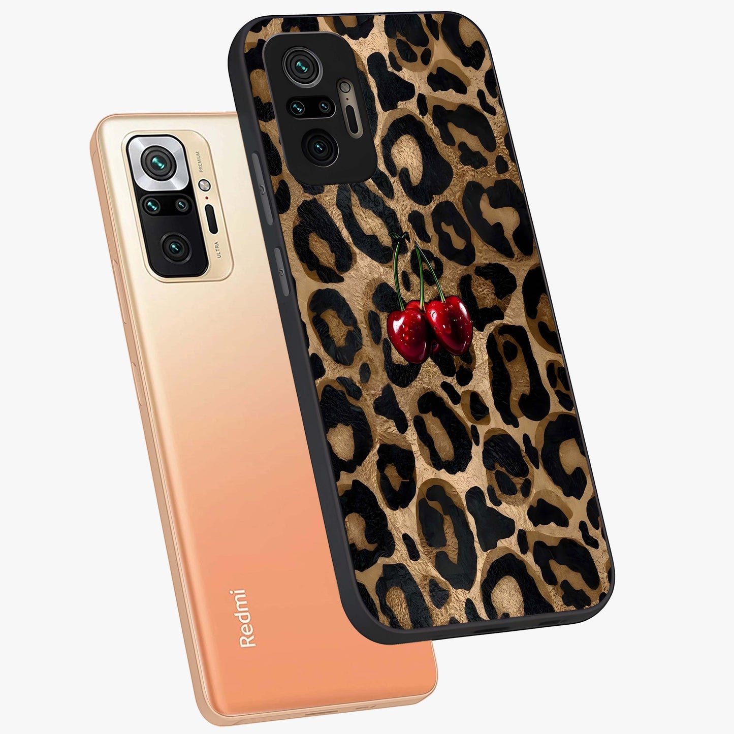 Leopard Wild Cherry Glass Case displayed in angled mockup highlighting bold animal print design with playful cherry aesthetic.