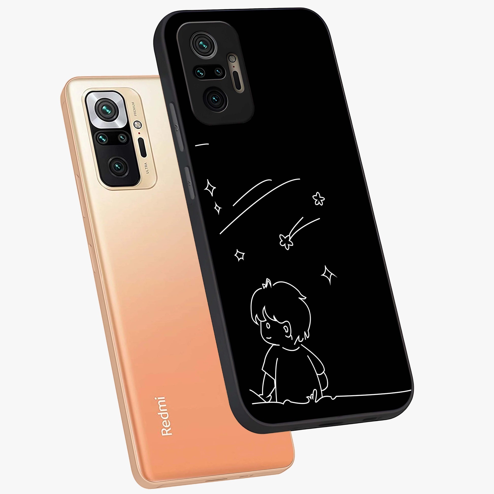 Line Art Boy With Shooting Stars Glass Case displayed in angled mockup highlighting elegant line art design with dreamy star aesthetic.