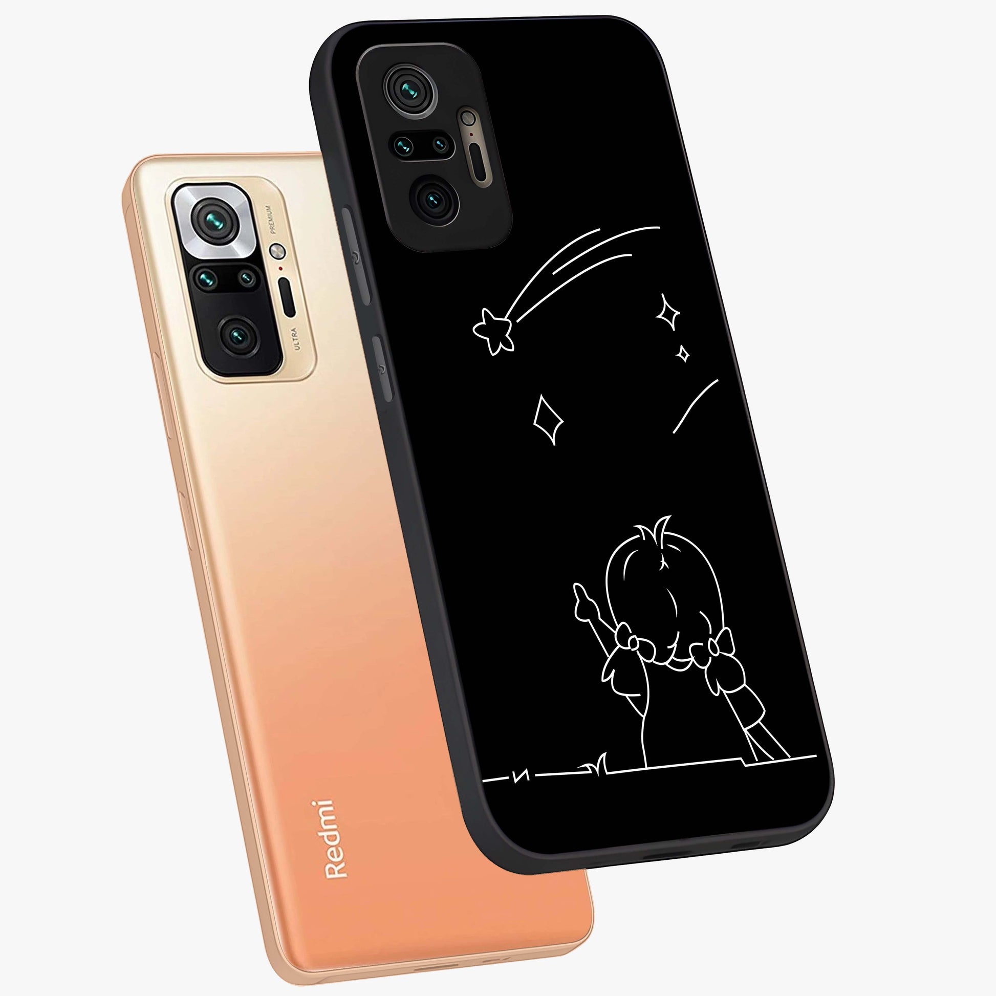 Line Art Girl With Shooting Stars Glass Case displayed in angled mockup highlighting elegant line art design with dreamy star aesthetic.