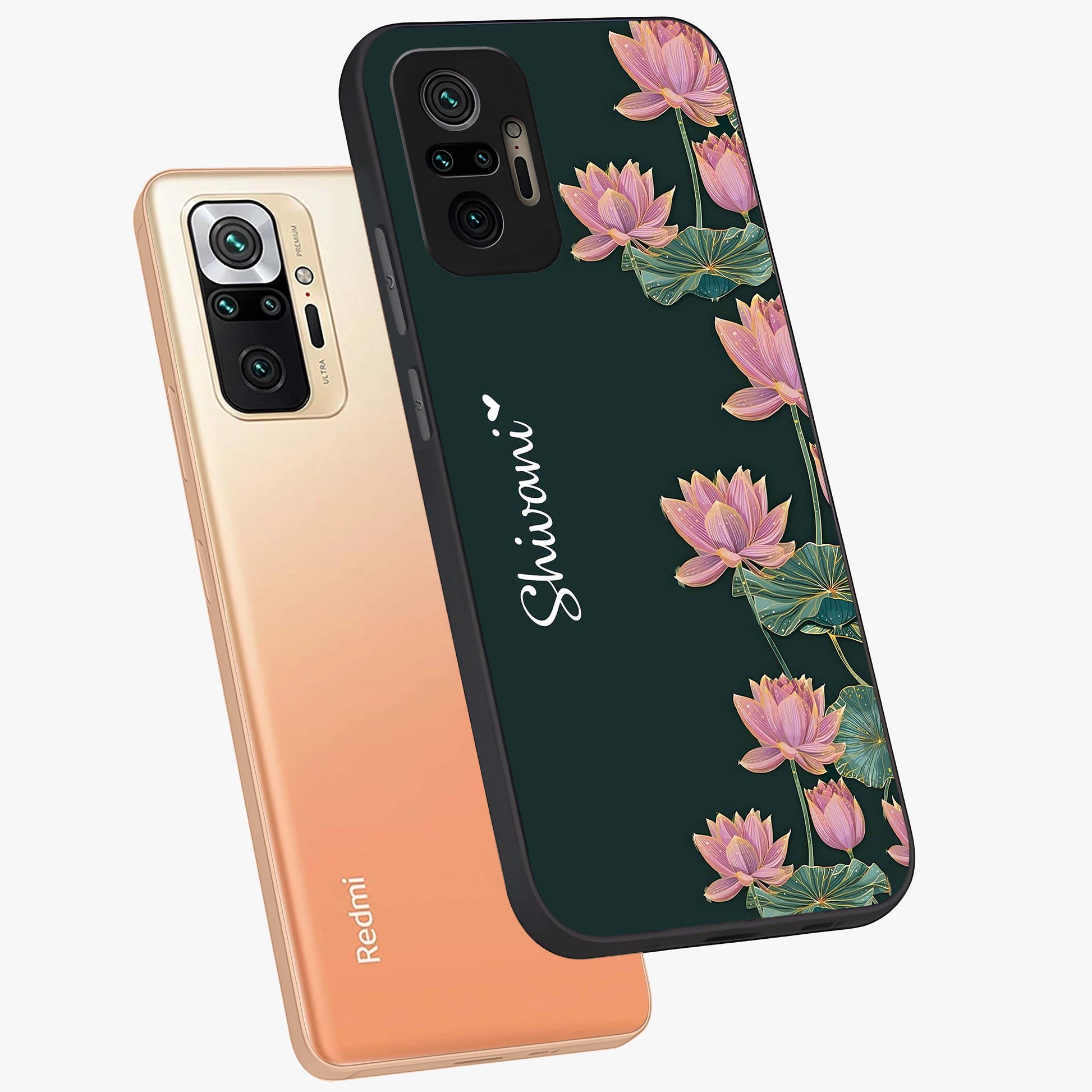 Lotus Bloom Serenity Custom Name Glass Case displayed in angled mockup highlighting graceful lotus illustration with custom name feature.