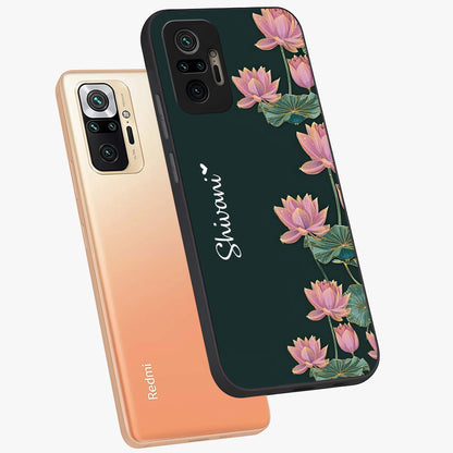 Lotus Bloom Serenity Custom Name Glass Case displayed in angled mockup highlighting graceful lotus illustration with custom name feature.