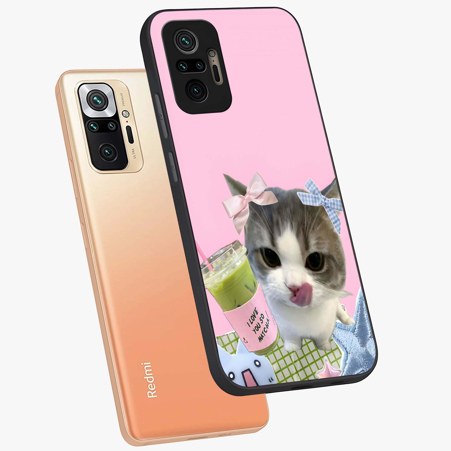 Love Matcha Cat Glass Case displayed in angled mockup highlighting playful feline illustration with cozy matcha aesthetic.