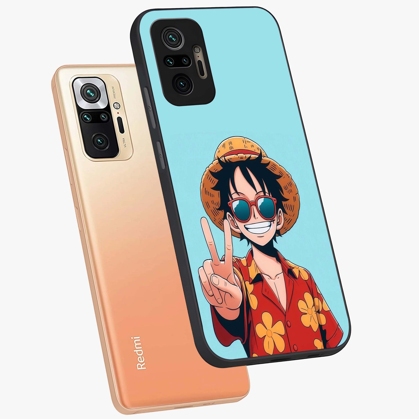 Luffy Summer Anime Vibe Glass Case displayed in angled mockup highlighting energetic anime illustration with summer vibe aesthetic.