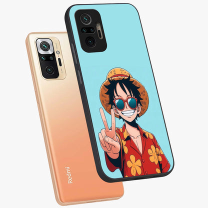 Luffy Summer Anime Vibe Glass Case displayed in angled mockup highlighting energetic anime illustration with summer vibe aesthetic.