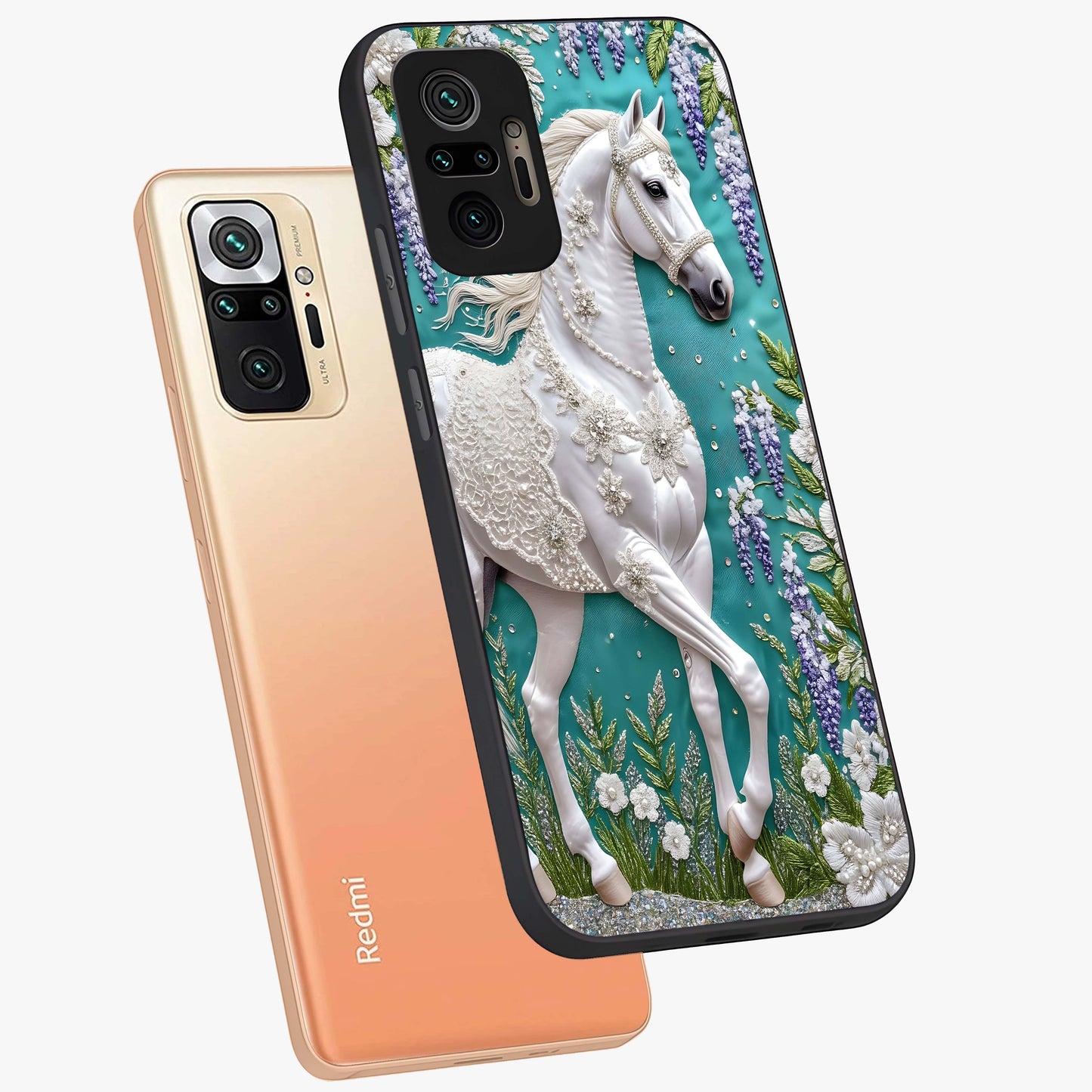 Majestic Floral Stallion Glass Case displayed in angled mockup highlighting majestic stallion illustration with elegant floral aesthetic.
