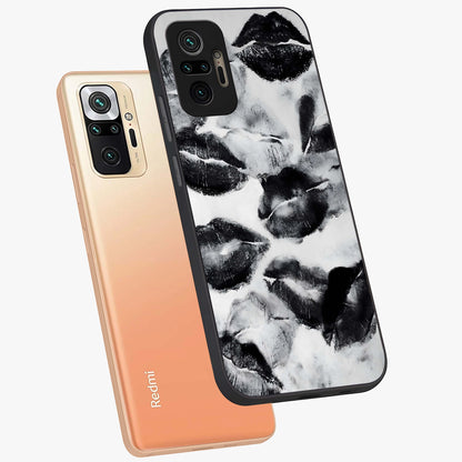 Midnight Kiss Marks Glass Case displayed in angled mockup highlighting playful romantic design with bold midnight aesthetic.
