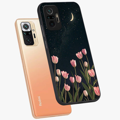 Midnight Tulip Whispers Vibe Glass Case displayed in angled mockup highlighting delicate tulip design with midnight floral aesthetic.